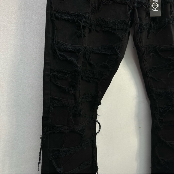 Focus Denim Mens Distressed Black Wash Skinny FLARED STACKED JEAN 36 - Picture 7 of 7